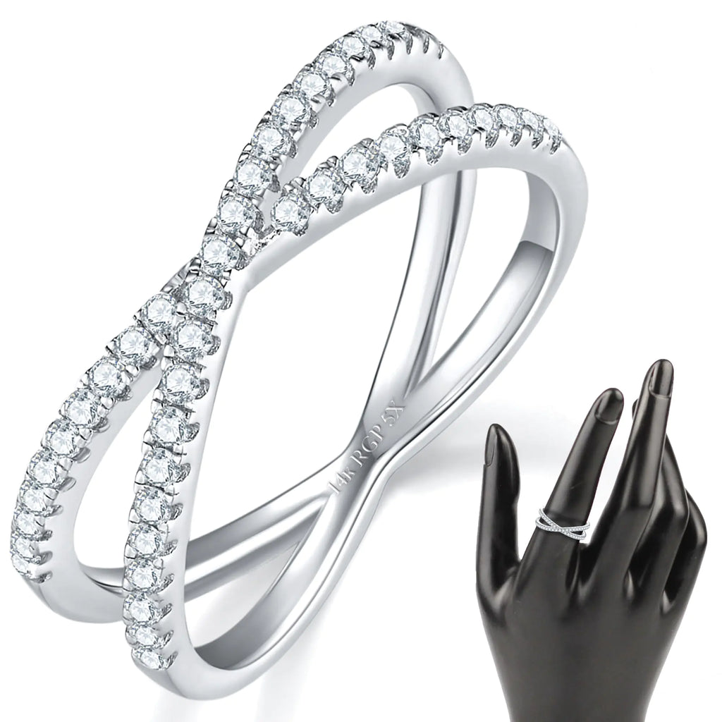 MINDDHA X Ring-Silver Criss Cross Ring for Women Designer Unique Fashion RingCubic Zirconia Sparkly Ring for WomenFashion Silver Band Ring Elegant 14K White Gold Plated Ring- 1.5mm band Size 10