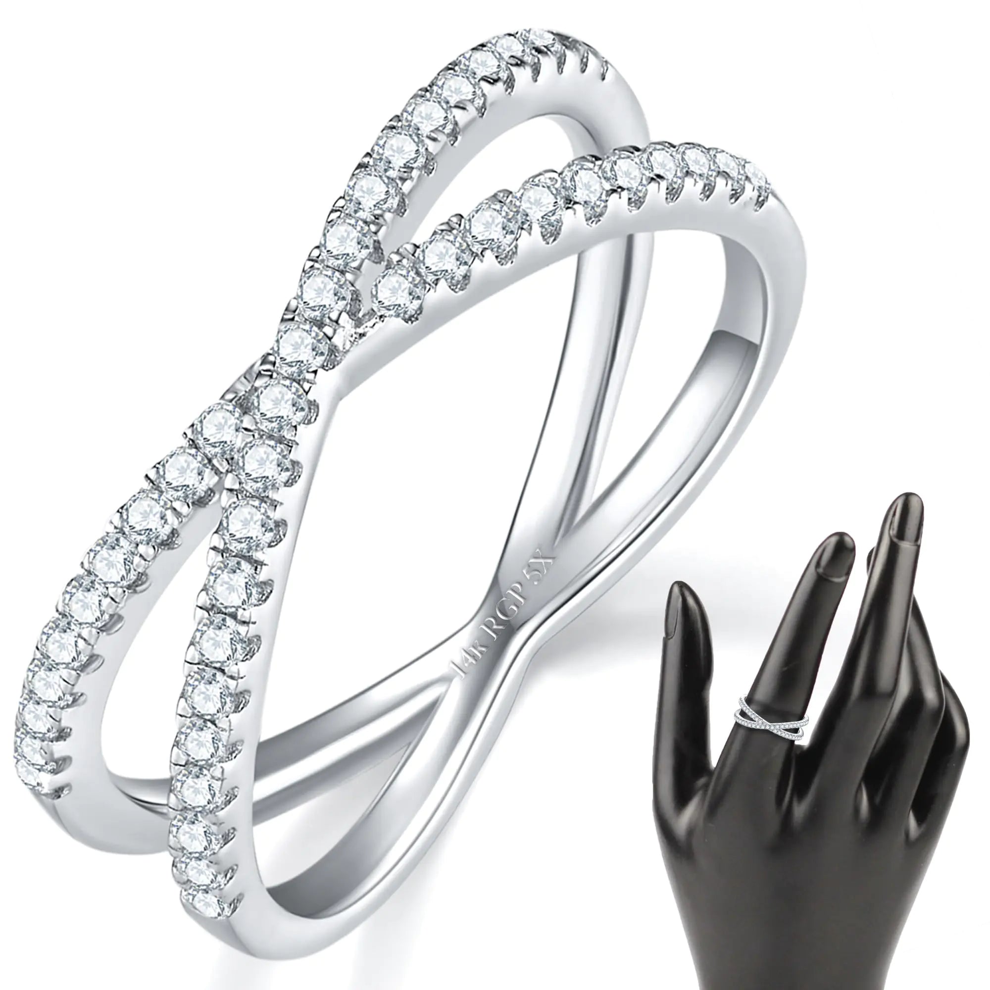 MINDDHA X Ring-Silver Criss Cross Ring for Women Designer Unique Fashion RingCubic Zirconia Sparkly Ring for WomenFashion Silver Band Ring Elegant 14K White Gold Plated Ring- 1.5mm band Size 10