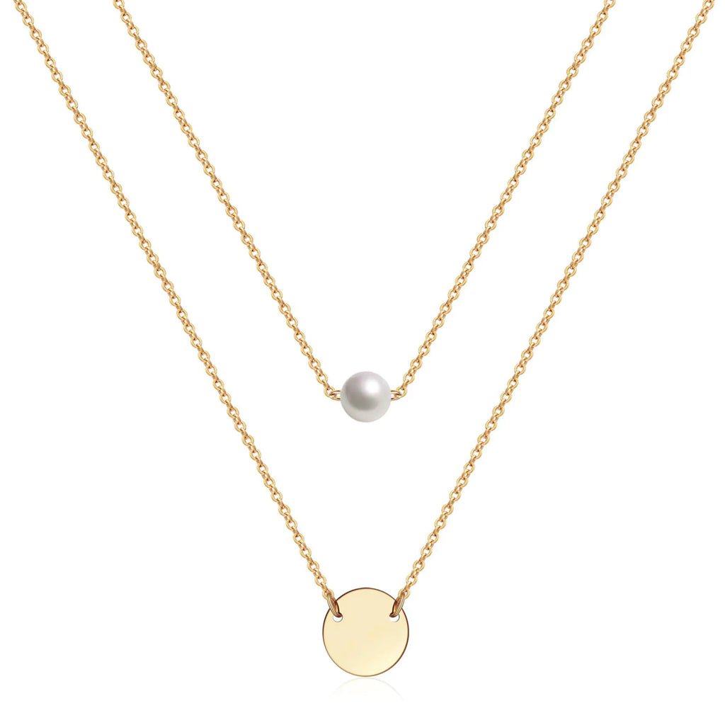Estendly Delicate Gold Layered Necklace Simple Grit Necklace Small Disc Necklace for Women