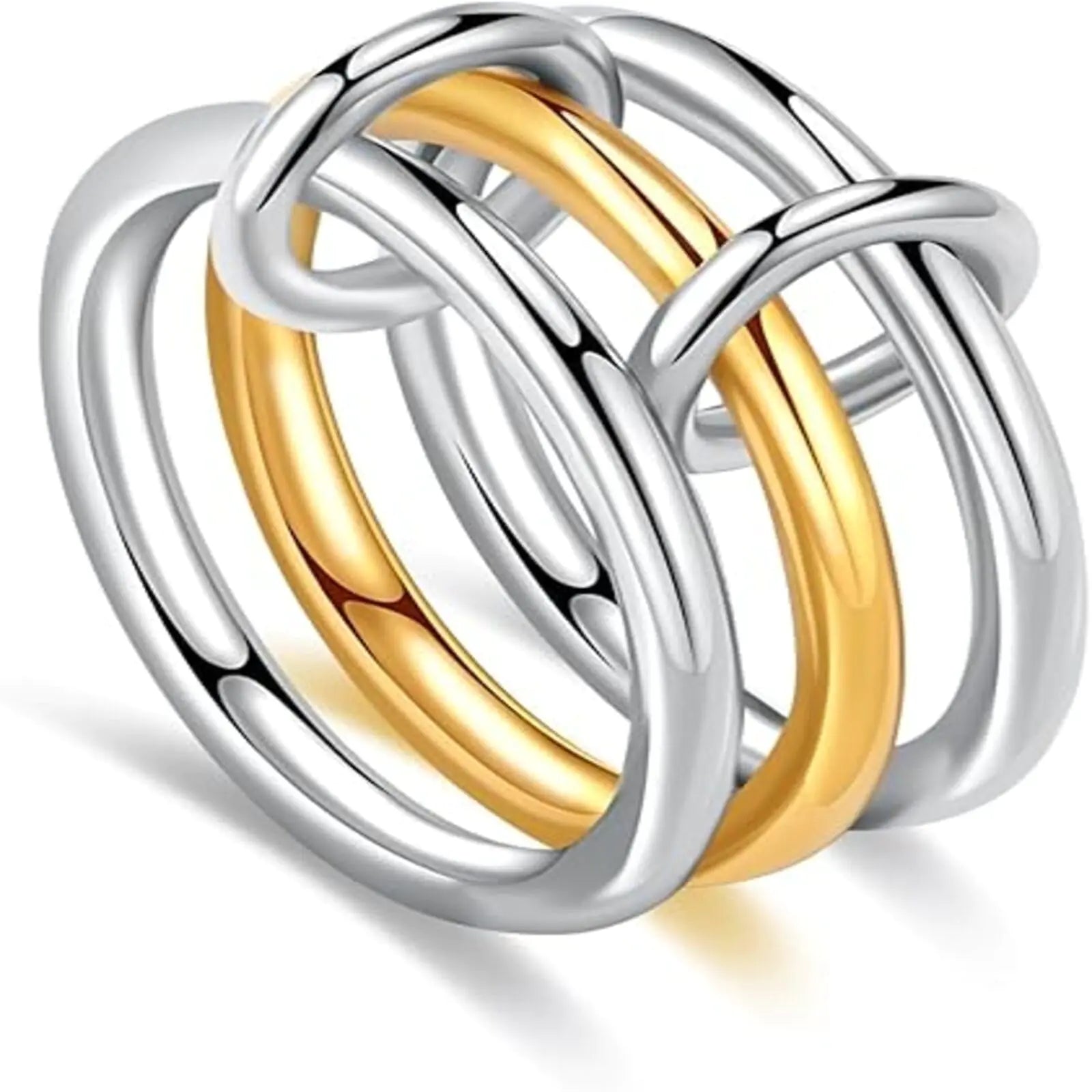 IQIC Two Tone Ring for Women Gold Silver Interlocking Ring Stacking Link Connected Rings Statement Thick Ring Twisted Mixed Metal Ring Maximalist Jewelry (Size9)